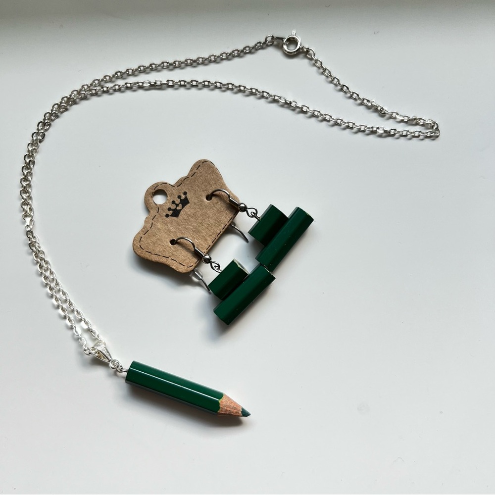 Handmade Green Colored Pencil Necklace and Earring Set